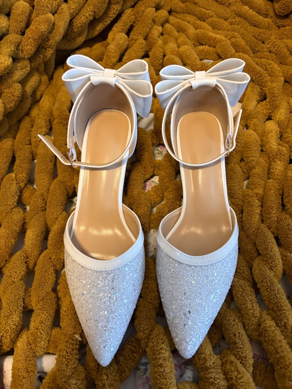 White Glitter Pointed Toe Ankle-Strap Heels with Bow
